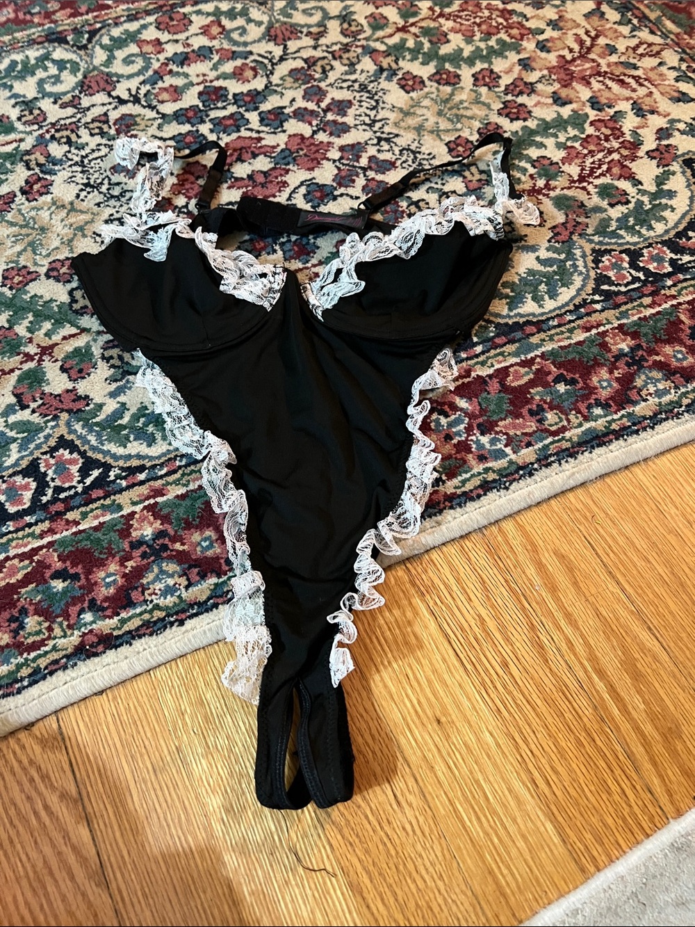 Dreamgirl Black Lace-Trim Teddy Bodysuit with White Ruffle Accents